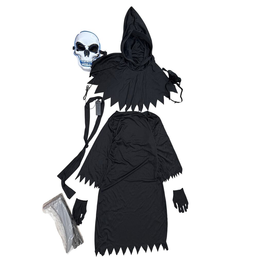Grim Reaper Costume, Black Hooded Robe Gloves,LED Skull Mask Scythe boys medium